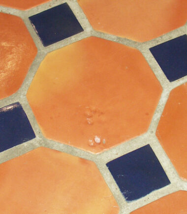 Octagon handmade Terracotta floor tiles with blue ceramic mosaics Pakistan